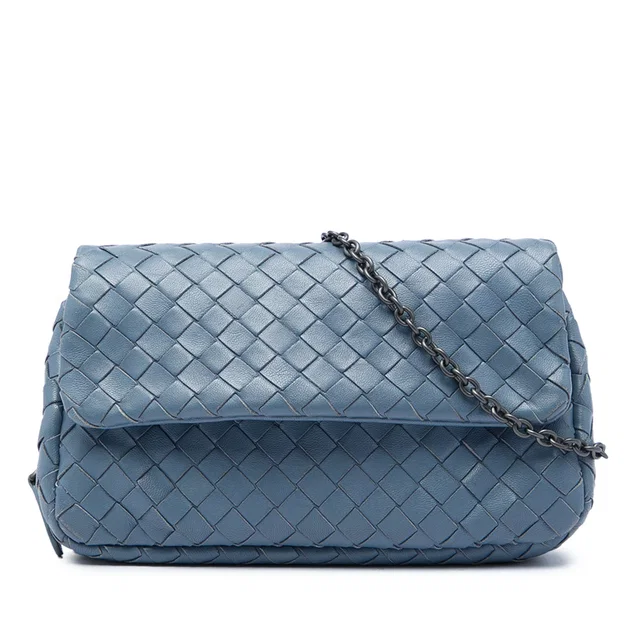 Blue Bottega Veneta Mini Nappa Intrecciato Expandable Chain Flap Crossbody in Blue Nappa leather from Designer Revival