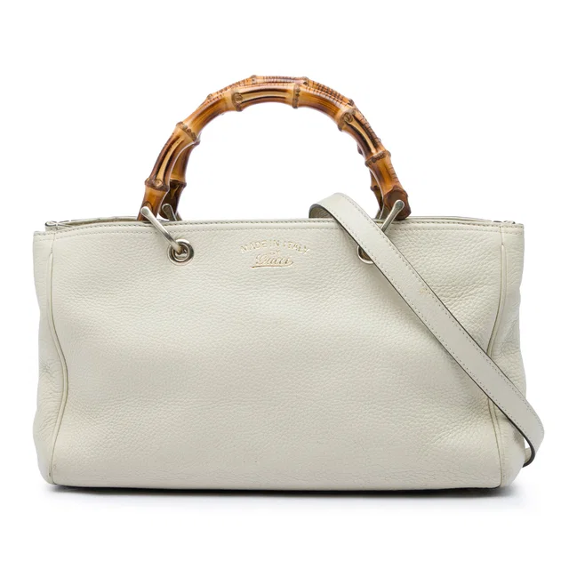 White Gucci Medium Calfskin Bamboo Shopper Satchel in White Calfskin from Designer Revival