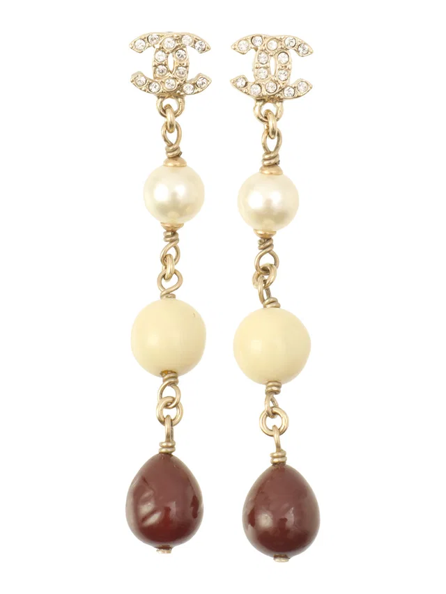 Chanel 2008 Rhinestone CC Mark Pearl Swing Earrings Gold/Multi in Gold from VINTAGE QOO TOKYO