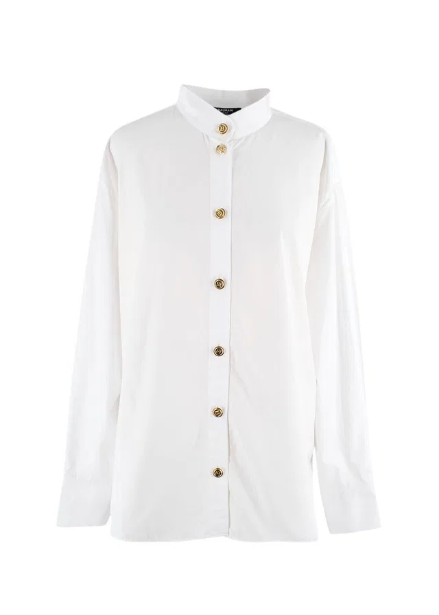 Balmain White Cotton Button-down Collarless Shirt in White from HEWI