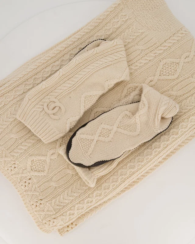 Chanel Cream Cable Knit Blanket and Slippers Travel Set in White Lambskin from Sellier