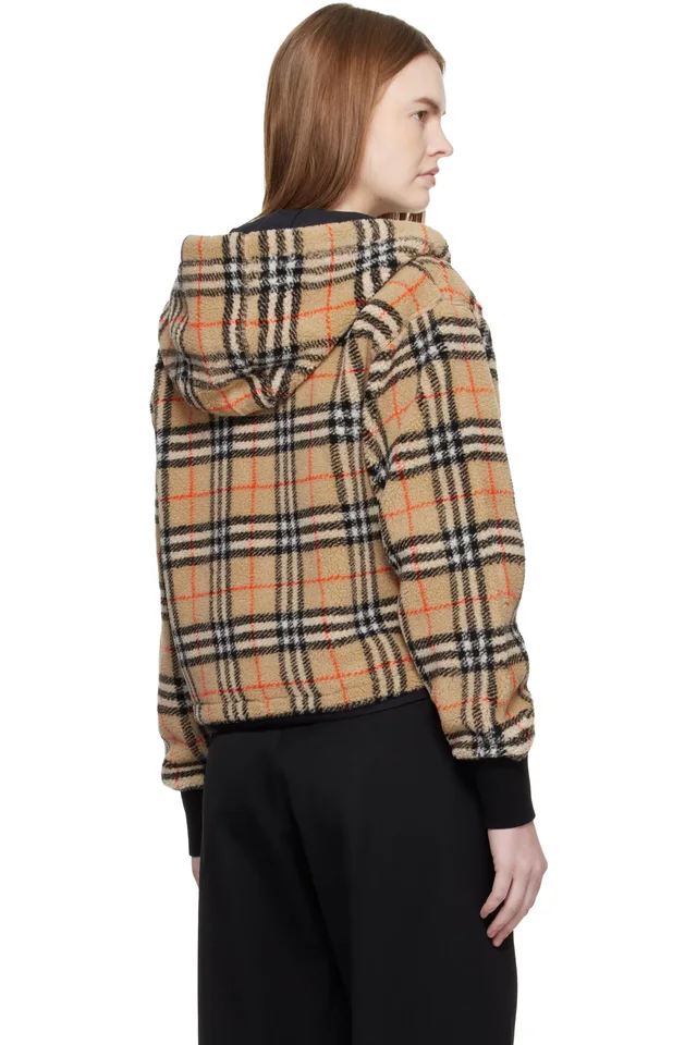 Burberry Beige Cropped Check Fleece Hooded Jacket, photo 3 of 4 from SSENSE