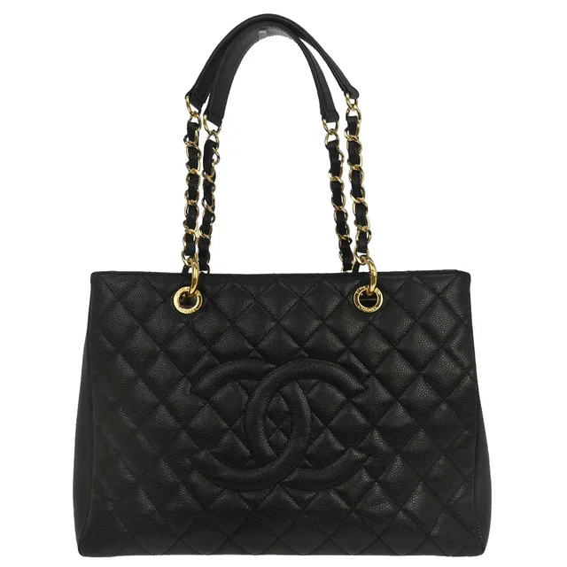 Chanel 2013-2014 Black Caviar Skin Grand Shopping Tote GST Chain Handbag in Black Caviar leather from AMORE Vintage Tokyo
