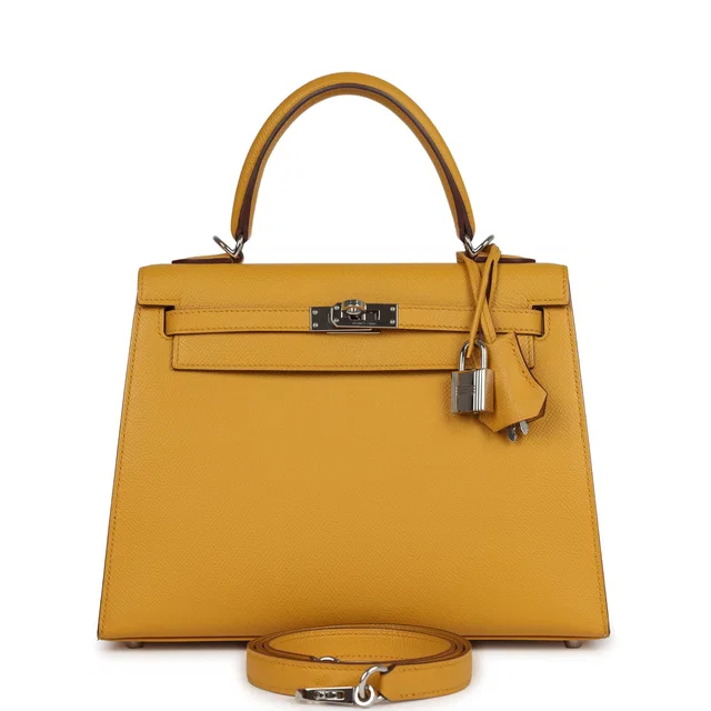 Hermès Kelly Sellier 25 Jaune Ambre Epsom Palladium Hardware in Yellow Epsom leather from Madison Avenue Couture