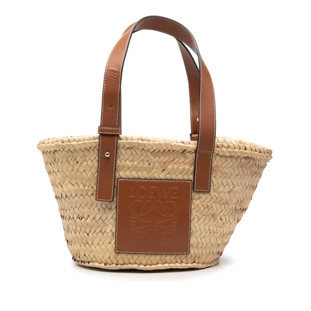 Beige LOEWE Small Raffia Anagram Basket Tote in Beige Raffia from Designer Revival