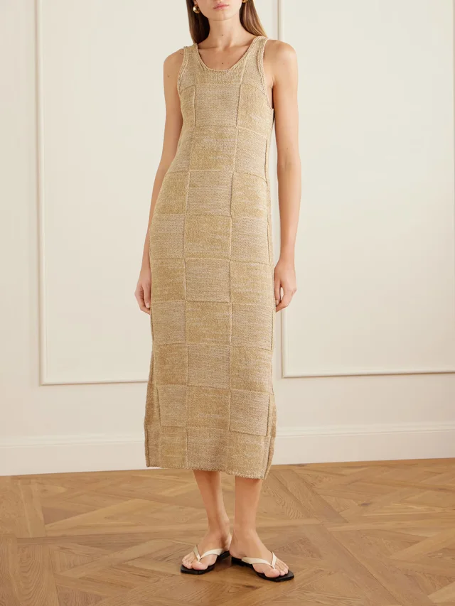 AURALEE Paneled cotton and linen-blend knitted midi dress in Brown, photo 2 of 2 from NET-A-PORTER (Canada)