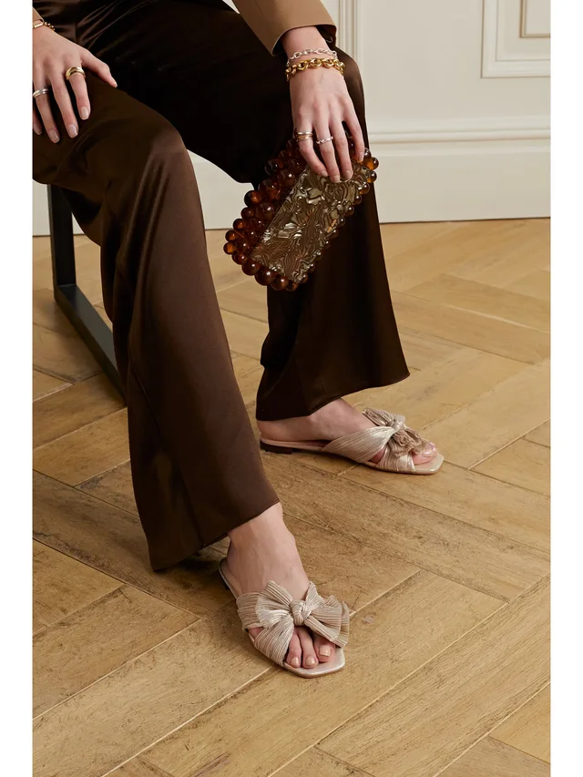 LOEFFLER RANDALL Daphne bow-embellished plissé-lamé slidesa in Metallic, photo 2 of 2 from NET-A-PORTER (Canada)