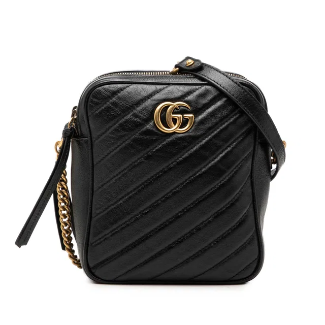 Black Gucci GG Marmont Matelasse Leather Double Zip Crossbody in Black Leather from Designer Revival