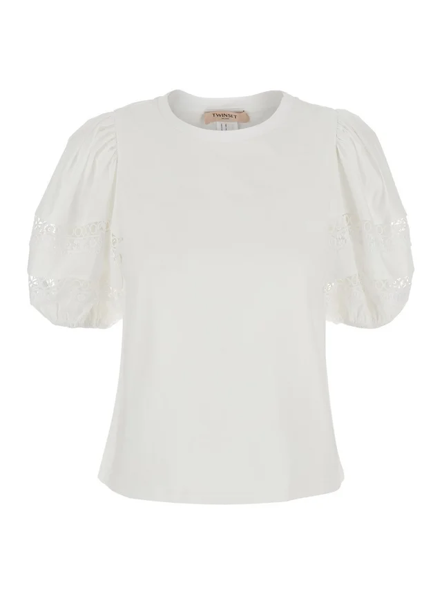 Twinset White T-Shirt with Embroidery Details on the Sleeves and Round Neck in Cotton for Women in White 100% Cotton, photo 2 of 6 from Gaudenzi Boutique