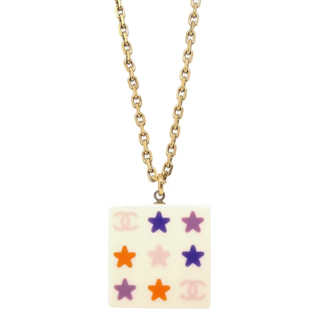 Chanel Gold White Square Chain Pendant Necklace 03A in White Resin from AMORE Vintage Tokyo