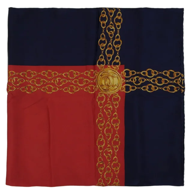 Chanel CC Mark Chain Pattern Scarf Red/Navy/Multi in Red Silk from VINTAGE QOO TOKYO, photo 3 of 10