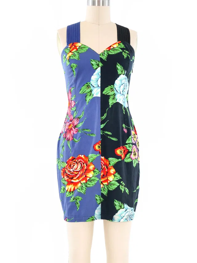 Versace Colorblock Floral Printed Mini Dress in Multicolor from Arcade Vintage