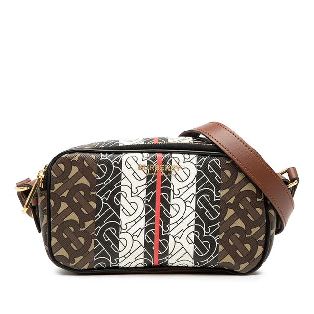 Brown Burberry TB Monogram E-Canvas Stripe Camera Bag in Brown Canvas from Designer Revival