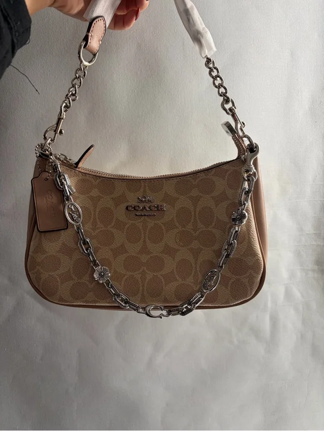 Coach Beige Signature Canvas Shoulder Bag With Silver Chain in silver|gray|brown|neutral Canvas from Poshmark