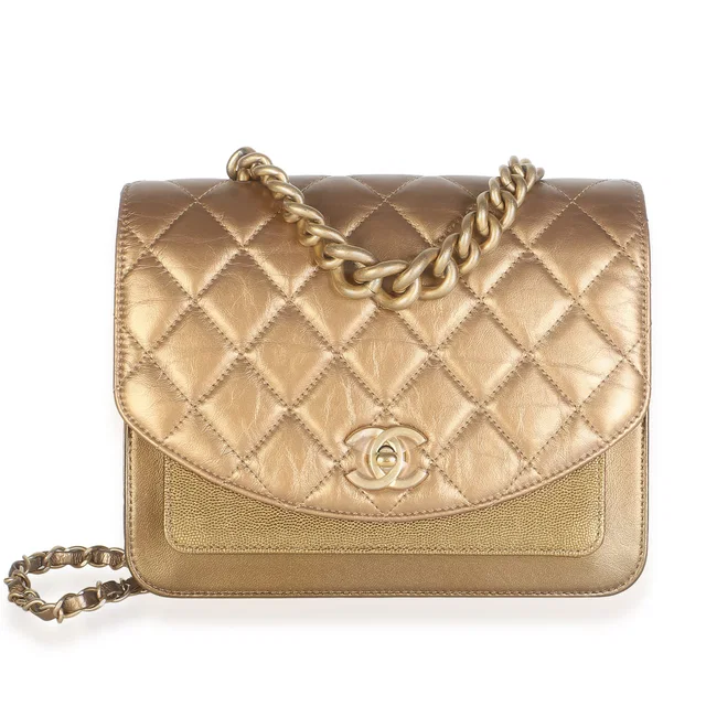 Chanel Gold Metallic Calfskin Mini Chain Handle Flap Bag in Gold Calfskin from myGemma