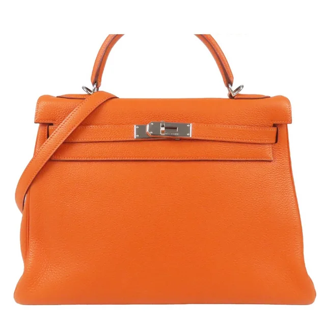 Hermès Kelly 32 Orange Silver Togo Retourne 2-Way Shoulder Bag in Orange Togo leather from The Reluxe