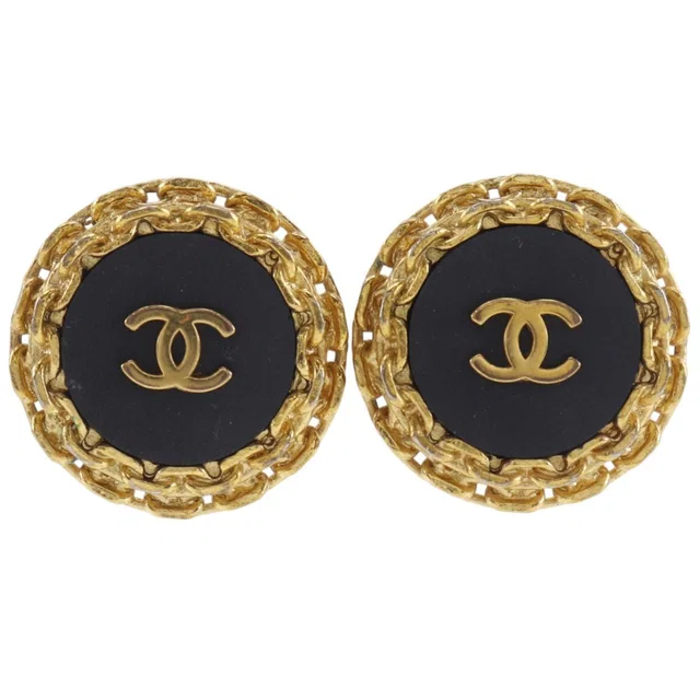 Chanel 93A CC Logo Vintage Gold Plated Plastic Black Earrings in Black from The Reluxe