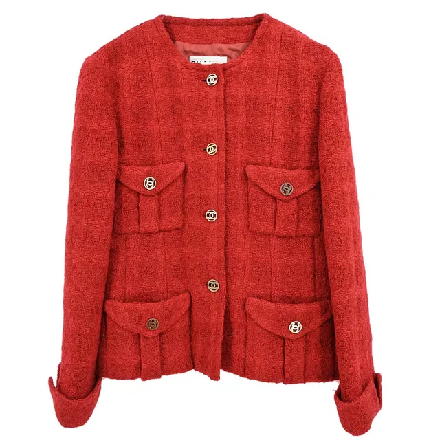 Chanel Single Breasted Collarless Tweed Check Jacket Red #36 in Red Tweed from AMORE Vintage Tokyo