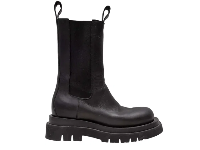 Black Bottega Veneta Mid-Calf Lug Sole Boots Size 37 in Black Leather from Designer Revival