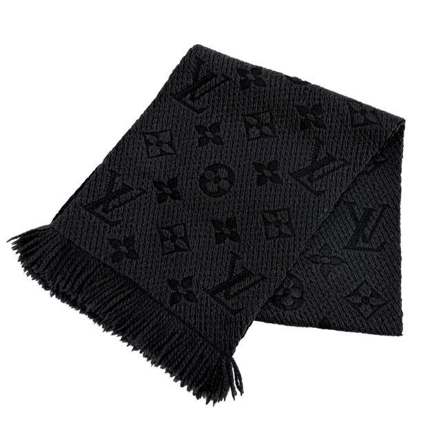 Louis Vuitton Logomania Scarf Wool Silk Blend Monogram Fringe Black in Black Silk from The Reluxe