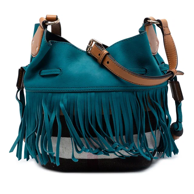 Brown Burberry Small Mega Check Canvas and Suede Fringe Belgrove Bucket Bag in Brown Suede from Designer Revival