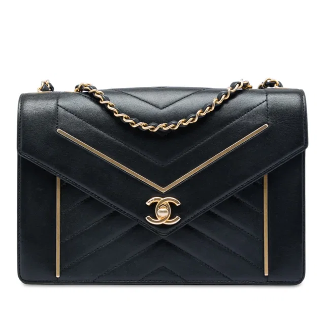 Black Chanel Medium Reversed Chevron Lambskin Flap Crossbody Bag in Black Lambskin from Designer Revival