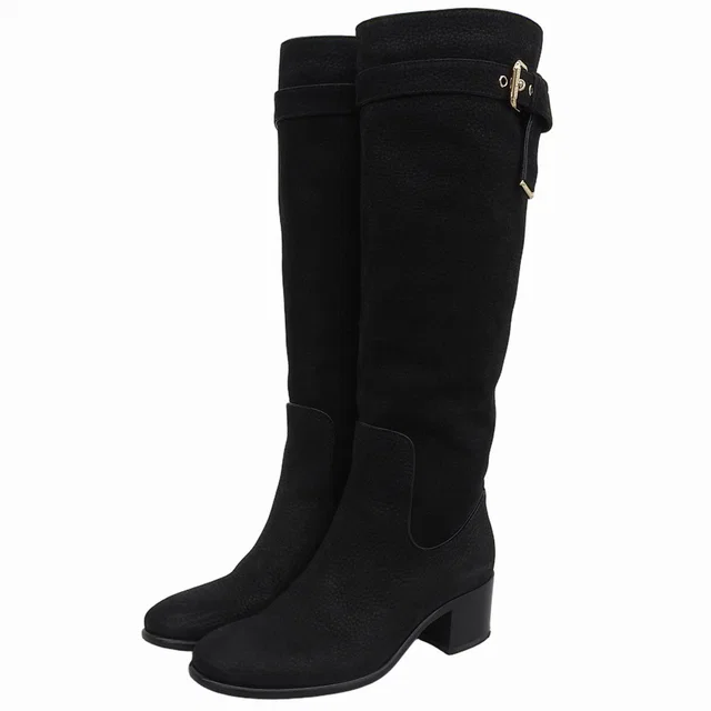 Louis Vuitton 2016 Nubuck Logo Buckle Long Boots #36 Black in Black Suede from VINTAGE QOO TOKYO