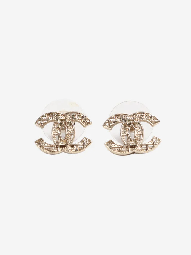 Chanel Gold CC tweed-inspired stud earrings in Gold Tweed from Sign of the Times