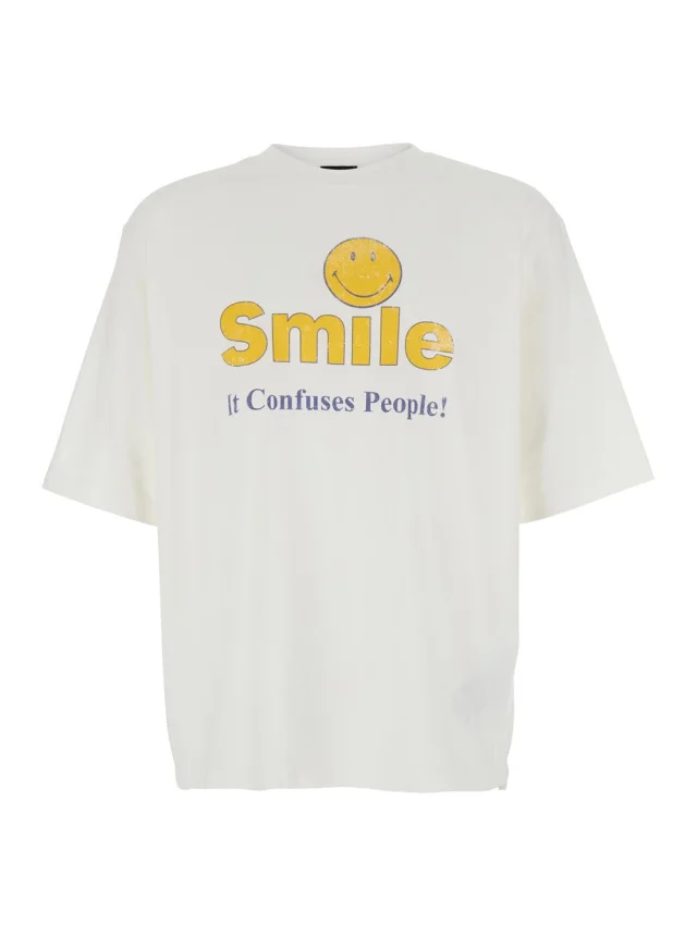 White Crew Neck T-Shirt with Front Print in Cotton for Men in White, image 1 of 1 from Gaudenzi Boutique