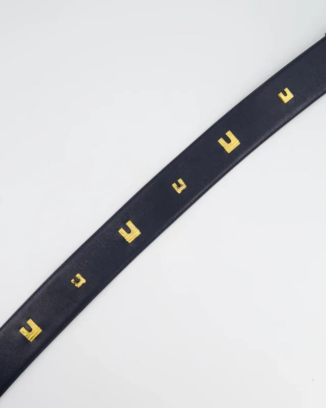 Celine 70cm Navy Blue Vintage Belt with Gold Arc de Triomphe Detailing in Navy Leather from Sellier, photo 4 of 6