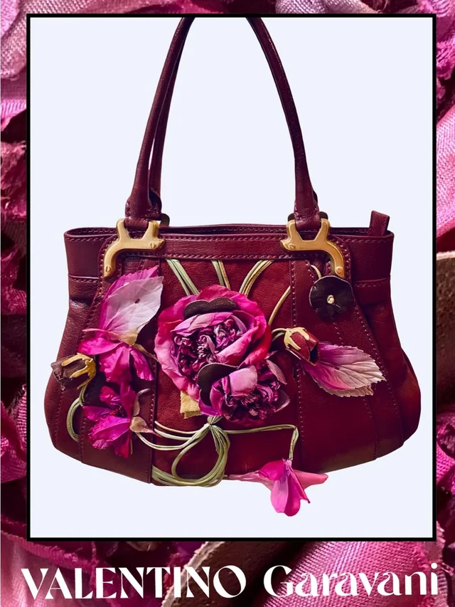 Valentino Garavani Italy Burgundy Leather Silk Flowers Handbag Vintage New Rare in pink Silk from Poshmark