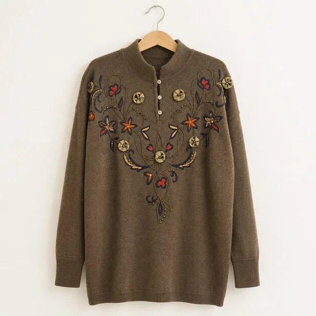 Escada Vintage Embroidered Floral Wool Blend Tunic Sweater Womens 34 Brown in brown|red Wool from Poshmark