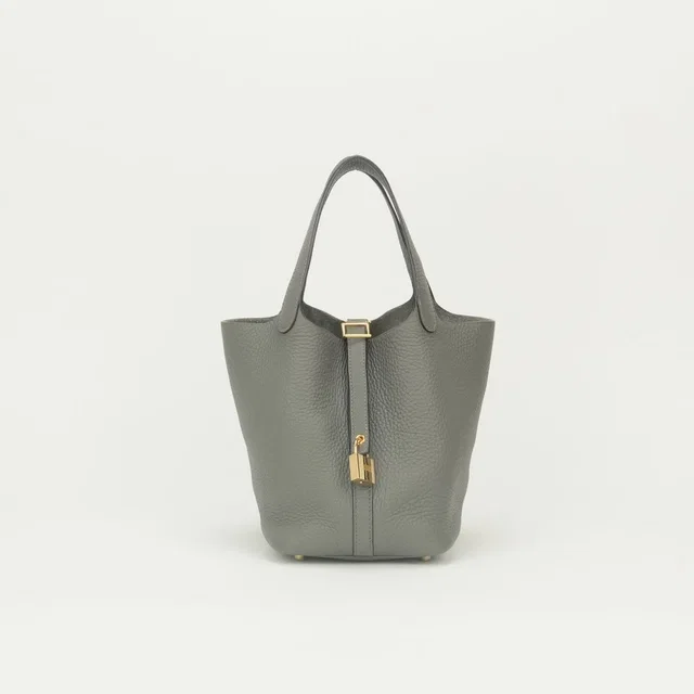 Hermès Picotin Lock PM 18 Tote Bag Taurillon Clemence Gris Meyer Gray Gold in Grey Clemence leather from The Reluxe