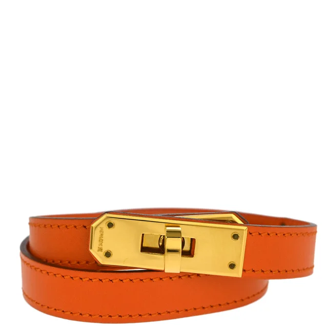 Hermès Orange Veau Gulliver Kelly Double Tour Bracelet Bangle in Orange Calfskin from AMORE Vintage Tokyo