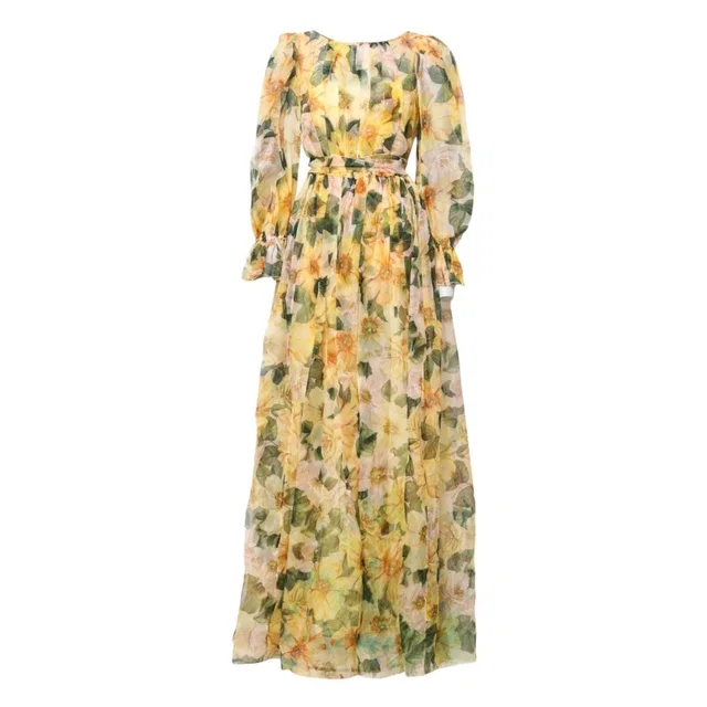 Dolce & Gabbana Dress Yellow Floral Print Long Sleeves Maxi in Yellow from Luxury Promise