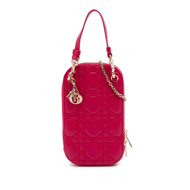 Red Dior Lambskin Cannage Lady Dior Call in Phone Holder Satchel in Red Lambskin from Designer Revival