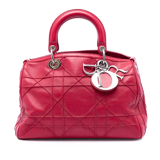 Red Dior Lambskin Cannage Polochon Granville Satchel in Red Lambskin from Designer Revival