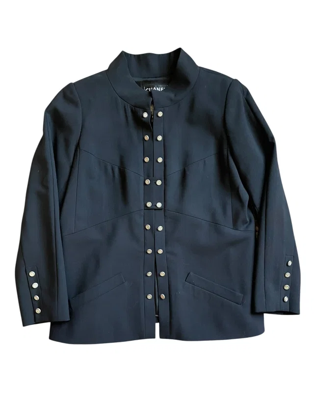 Chanel Black Jacket Sz 46 White buttons in Black Nylon from Luxury Promise