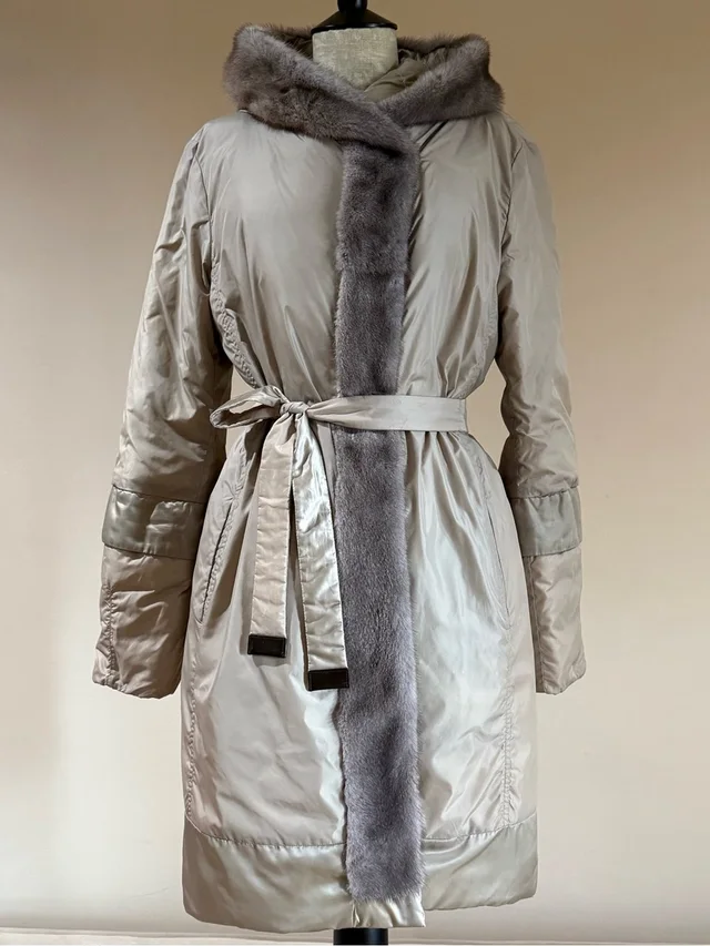 “S Maxmara The Cube Collection Reversible Down Coat With A Mink Fur-Trimmed Hood in silver|gray Satin from Poshmark