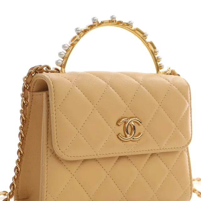 Beige Chanel CC Quilted Lambskin Faux Pearl Top Handle Flap Satchel in Beige Lambskin from Designer Revival, photo 7 of 14