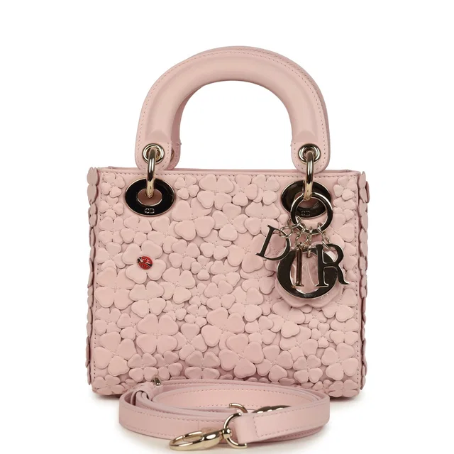 Mini Lady Dior Bag "Clover" Rose Soupir Lambskin Light Gold Hardware in Pink Lambskin from Madison Avenue Couture