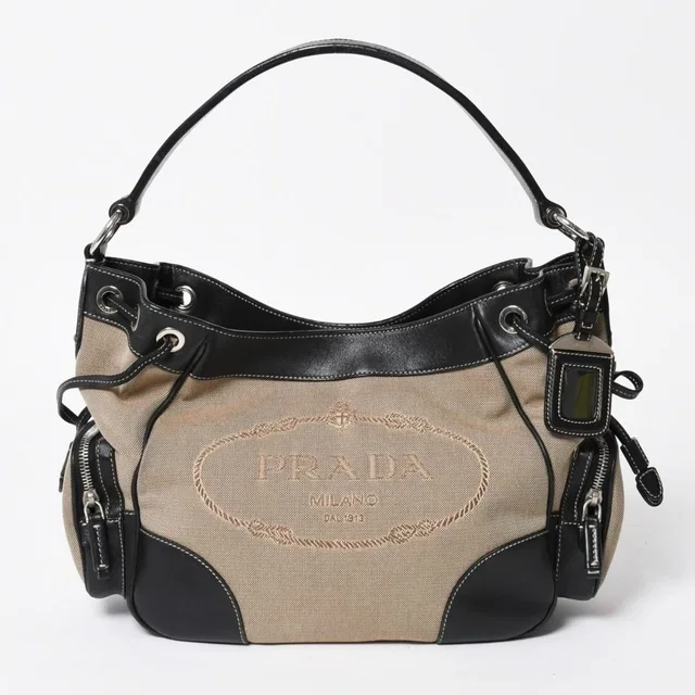 Prada Handbag Bag Logo Jacquard Leather Black Beige Silver in Black Leather from The Reluxe