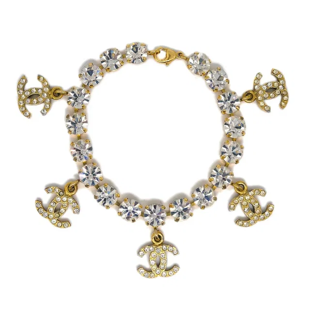 Chanel Rhinestone Chain Bracelet Gold 95P in Gold from AMORE Vintage Tokyo