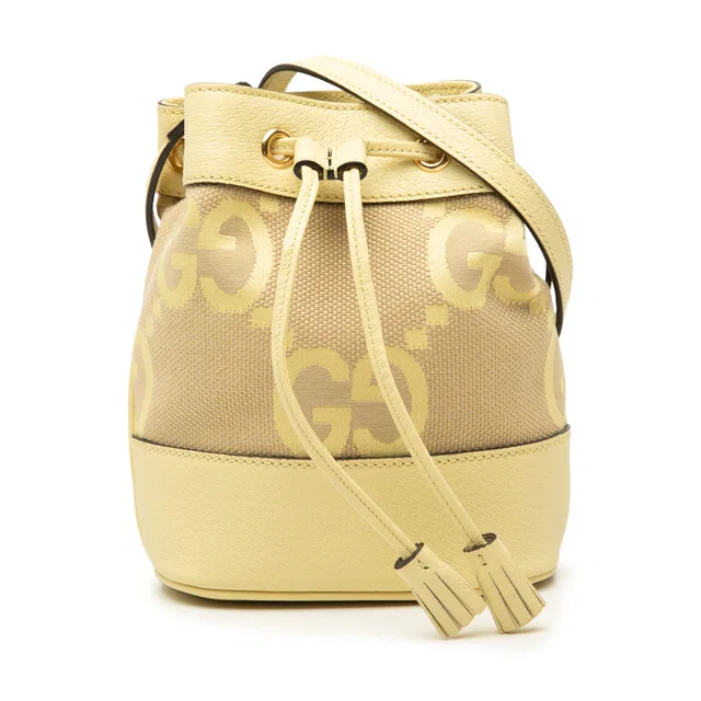 Yellow Gucci Mini Jumbo GG Canvas and Calfskin Ophidia Bucket Bag in Yellow Calfskin from Designer Revival