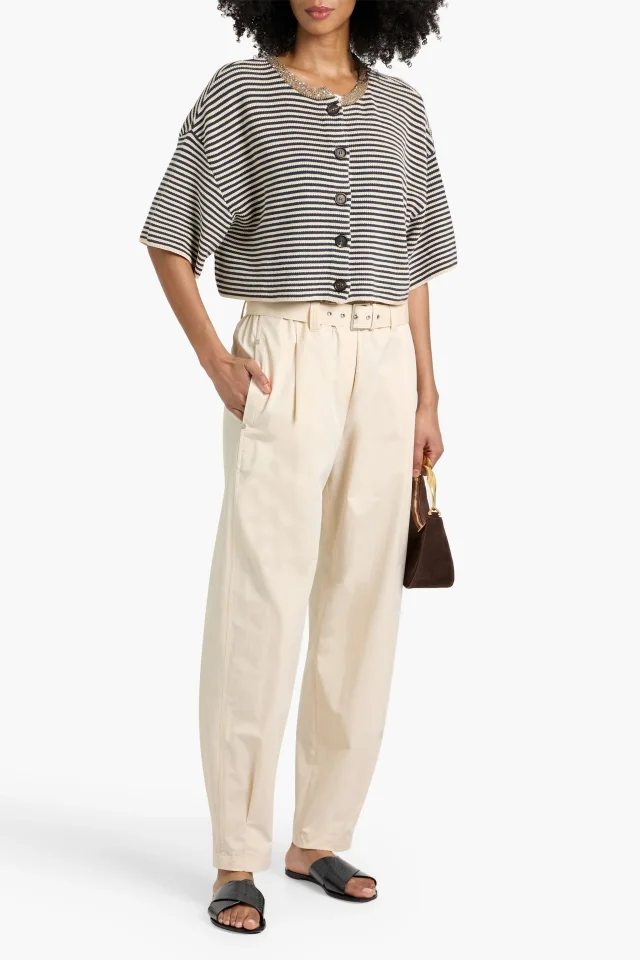 Brunello Cucinelli Belted Stretch-Cotton Twill Tapered Pants in Ivory, photo 4 of 8 from THE OUTNET