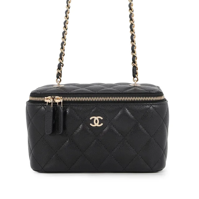 Black Chanel Small Quilted Caviar Vanity Case With Chain Crossbody Bag in Black Caviar leather from Designer Revival