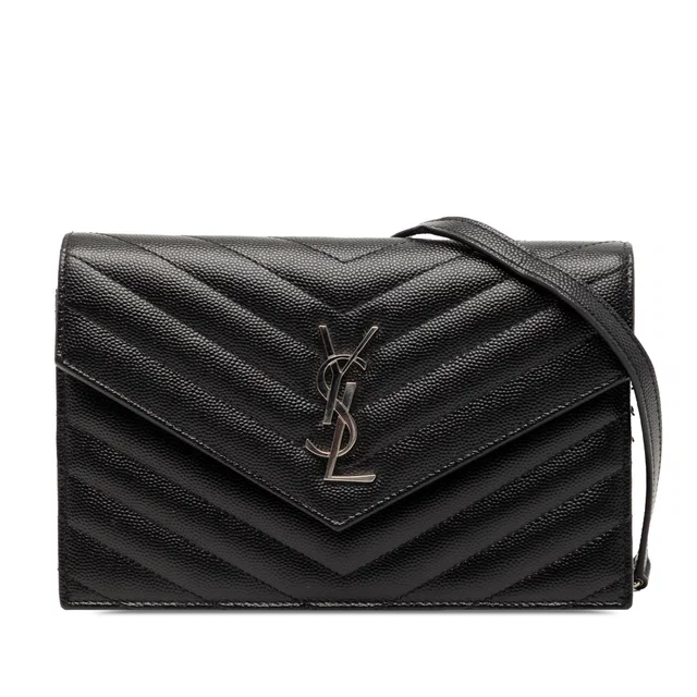 Black Saint Laurent Grain De Poudre Cassandre Envelope Chain Wallet Crossbody Bag in Black Leather from Designer Revival