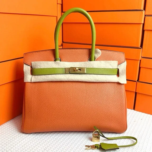 Birkin 30, Hermes orange and fennel green color blocking in Green Togo leather from Luxury Promise