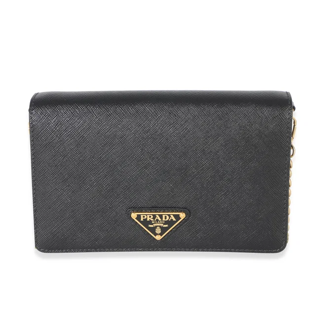 Prada Black Saffiano Triangle Logo Chain Flap Bag Leather Handbag in Black Saffiano leather from HEWI