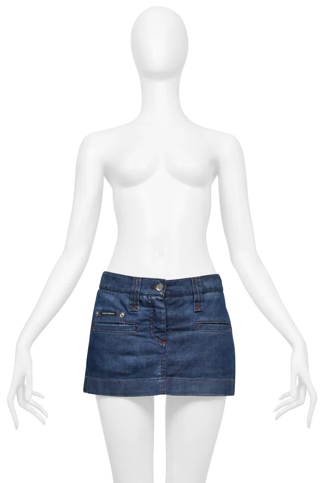 Dolce & Gabbana Blue Denim Super-mini Skirt With Brown Leather Embossed in Brown Denim from Resurrection Vintage